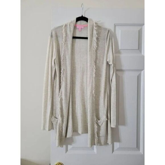 Lilly Pulitzer Bridget Open Cardigan Fringe Trim Women’s Medium Sweater, Oatmeal - Picture 1 of 8